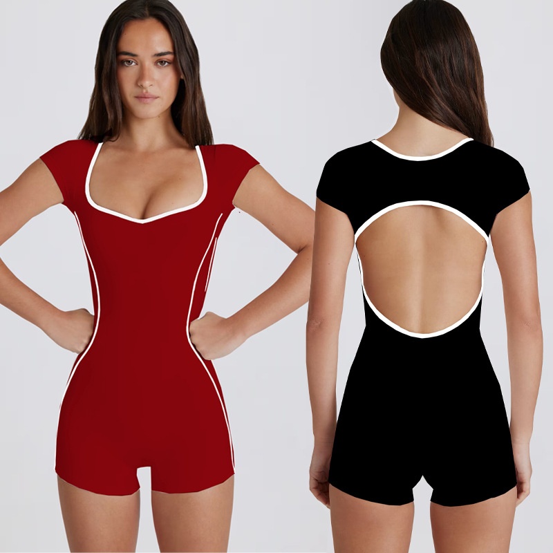 European And American Style Sports Color-Block Square Neck Slimming Elastic Tight-Fitting Backless Aerial Yoga Jumpsuit_voghion.com