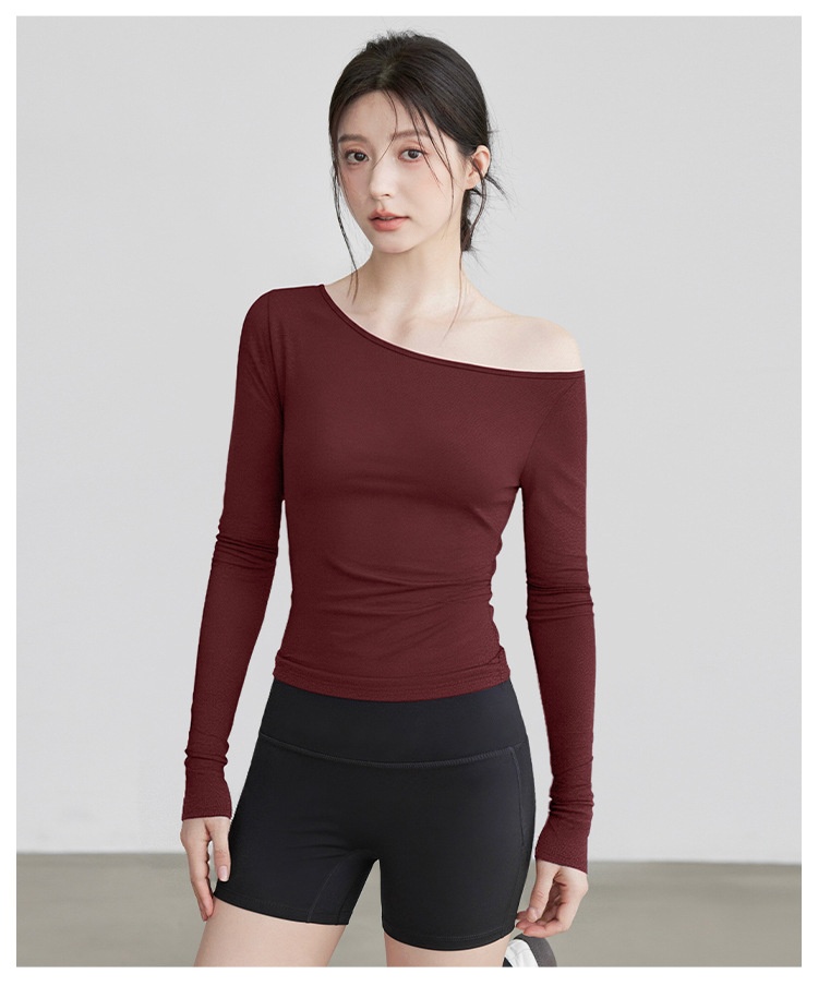 Nieuwe yogakleding voor dames: T-shirt met lange mouwen, schuine kraag, off-shoulder top, afslankende bodysuit, sporttraining_voghion.com