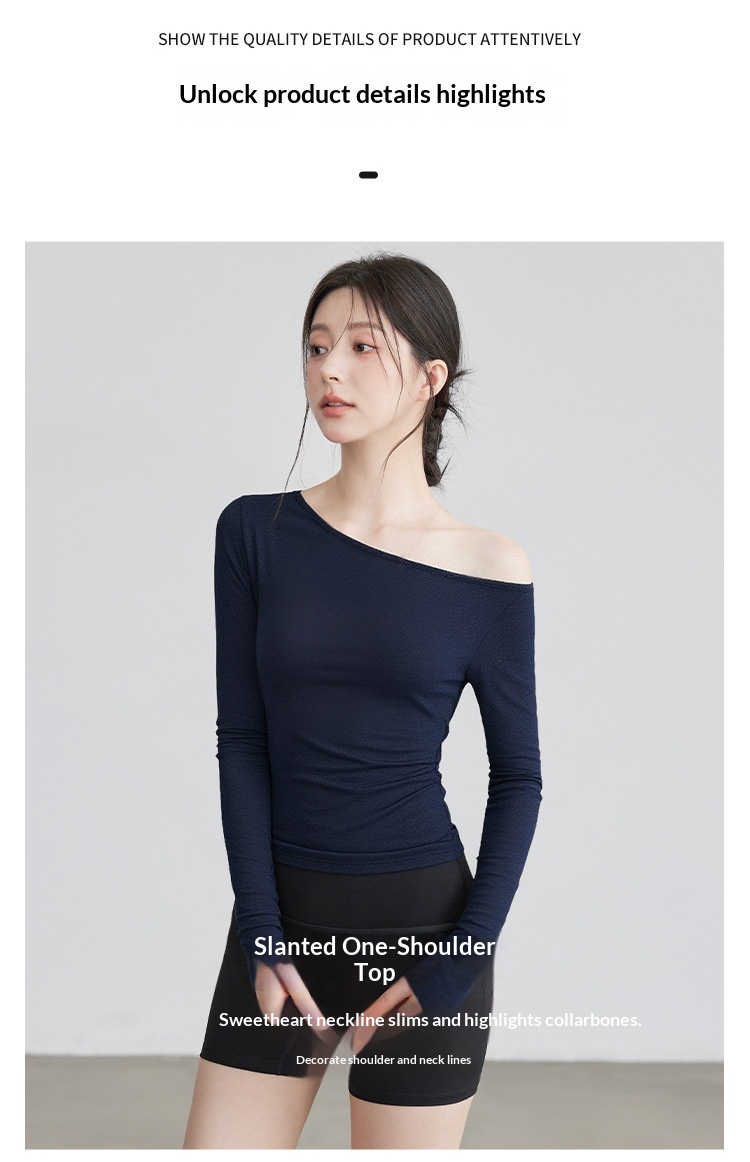 Nieuwe yogakleding voor dames: T-shirt met lange mouwen, schuine kraag, off-shoulder top, afslankende bodysuit, sporttraining_voghion.com