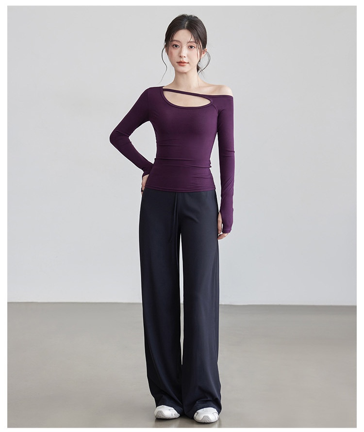 Nuova maglietta a maniche lunghe da yoga per donna, modello autunnale con colletto obliquo, top a spalle scoperte, snellente e monopezzo._voghion.com