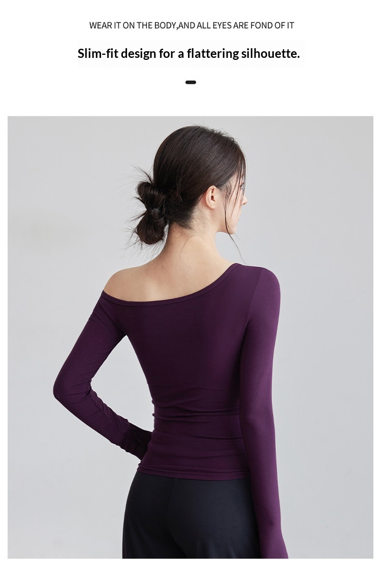Nuova maglietta a maniche lunghe da yoga per donna, modello autunnale con colletto obliquo, top a spalle scoperte, snellente e monopezzo._voghion.com