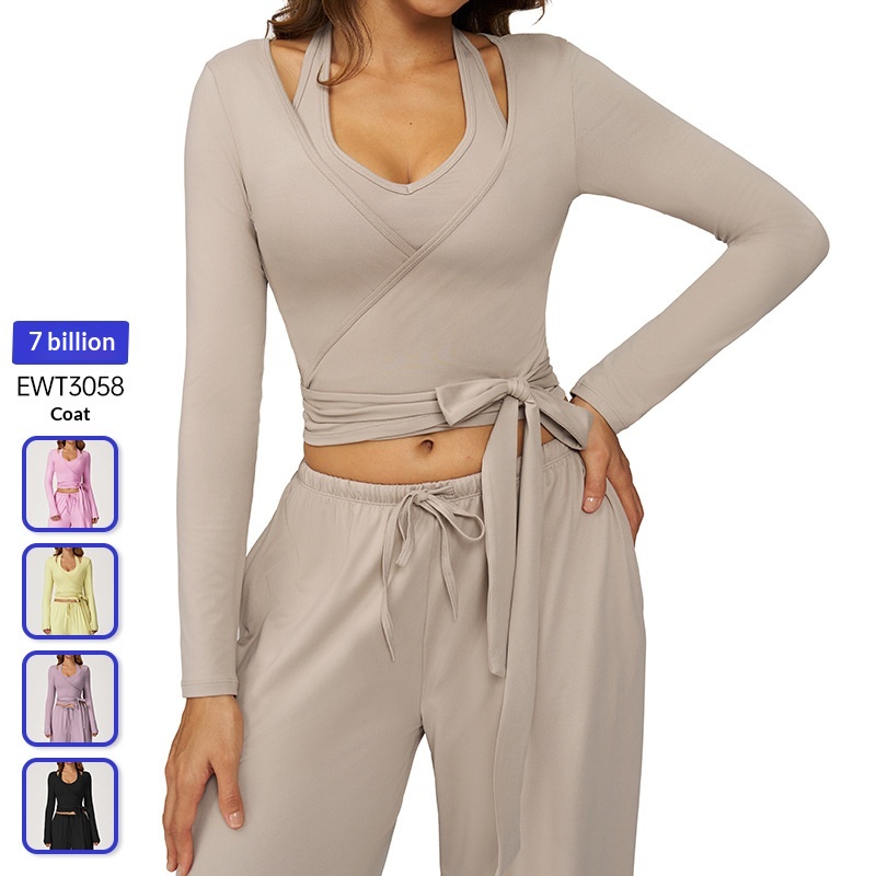 Cross-Border Personalized Brushed Long Sleeve One-Piece Tie Yoga Outfit Outdoor High-End Sports Fitness Wear 3058_voghion.com