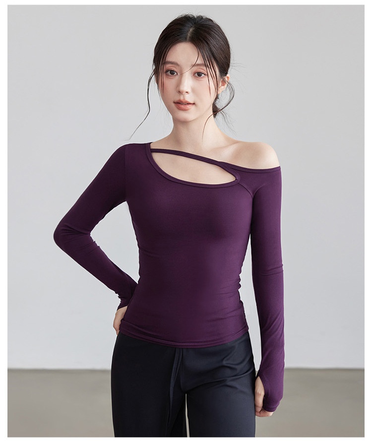 Nuova maglietta a maniche lunghe da yoga per donna, modello autunnale con colletto obliquo, top a spalle scoperte, snellente e monopezzo._voghion.com