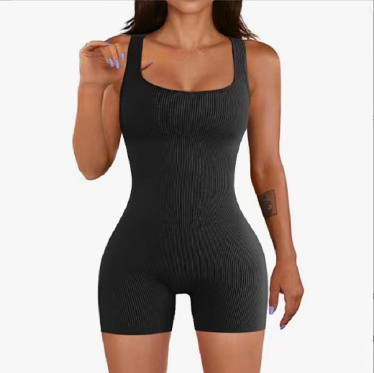 In Stock Seamless Square Neck Ribbed Shorts Fitness Body Yoga Wear Quick-Dry Breathable Tight-Fitting Bodysuit Women's_voghion.com