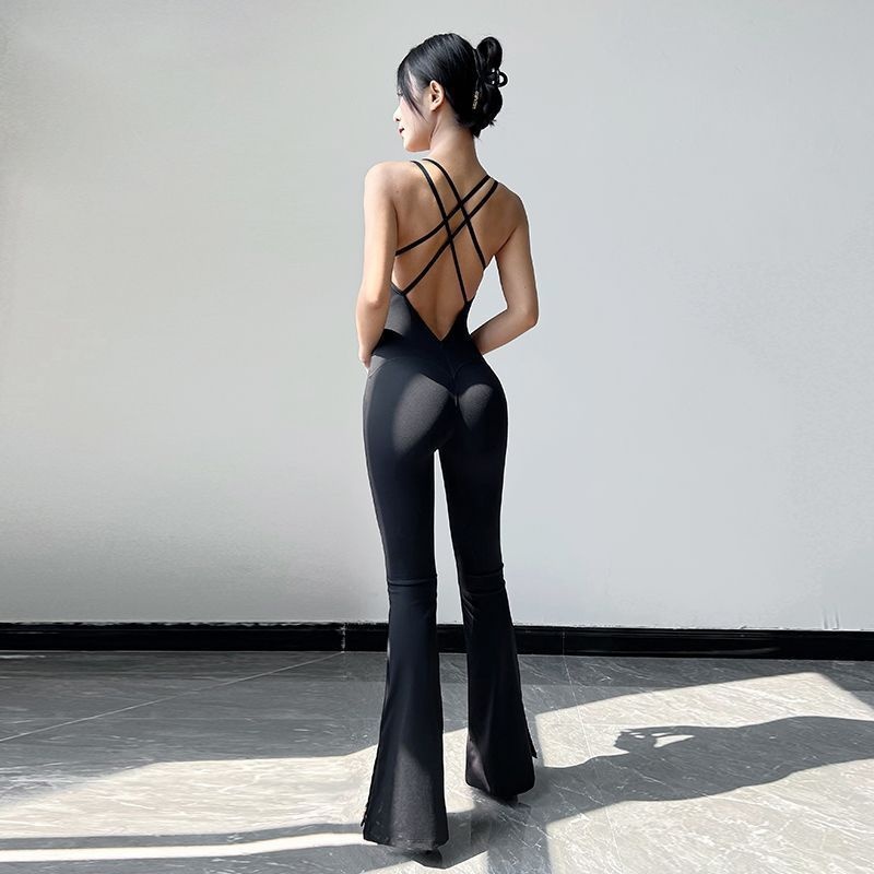 Graceful Body Dance Practice Outfit With Chest Pad, Beautiful Back Yoga Jumpsuit, Strap Long Pants, Flared Pants_voghion.com
