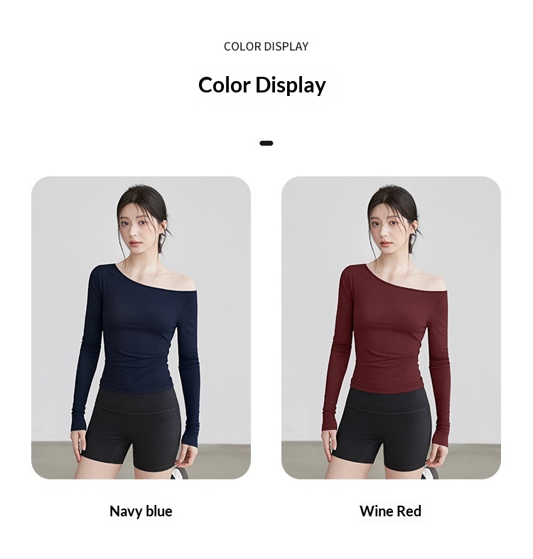 Nieuwe yogakleding voor dames: T-shirt met lange mouwen, schuine kraag, off-shoulder top, afslankende bodysuit, sporttraining_voghion.com