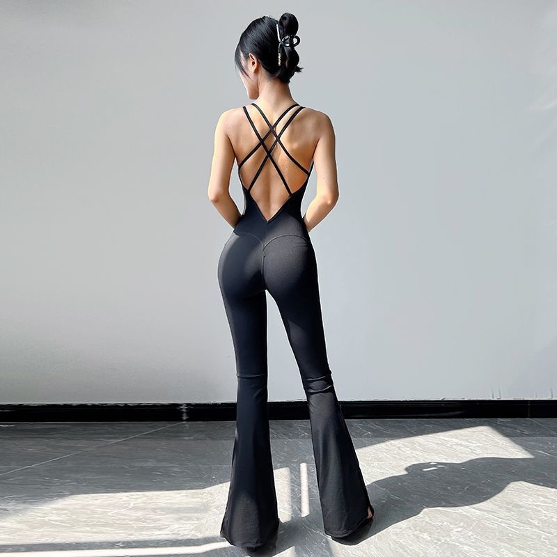 Graceful Body Dance Practice Outfit With Chest Pad, Beautiful Back Yoga Jumpsuit, Strap Long Pants, Flared Pants_voghion.com