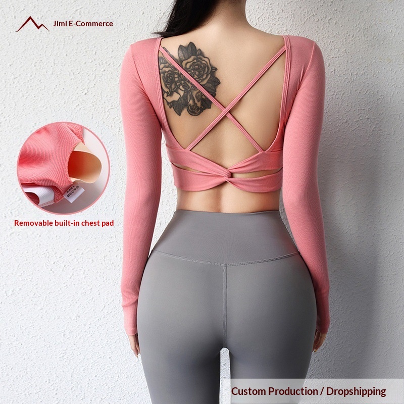 Fitnessbekleidung für Damen, neues Sporttop mit Brustpolster für Herbst und Winter, schönes Langarm-Yoga-Top für Rückentraining_voghion.com