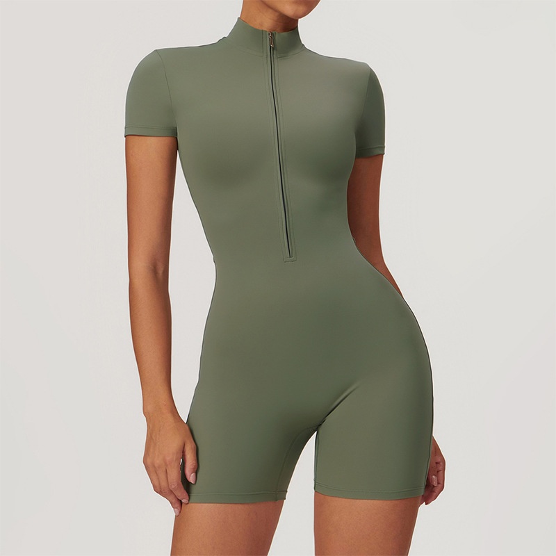 Cross-Border Zipper Short-Sleeve Yoga Shorts Tummy Control Tight Training Outfit Outdoor Sports Fitness Jumpsuit For_voghion.com