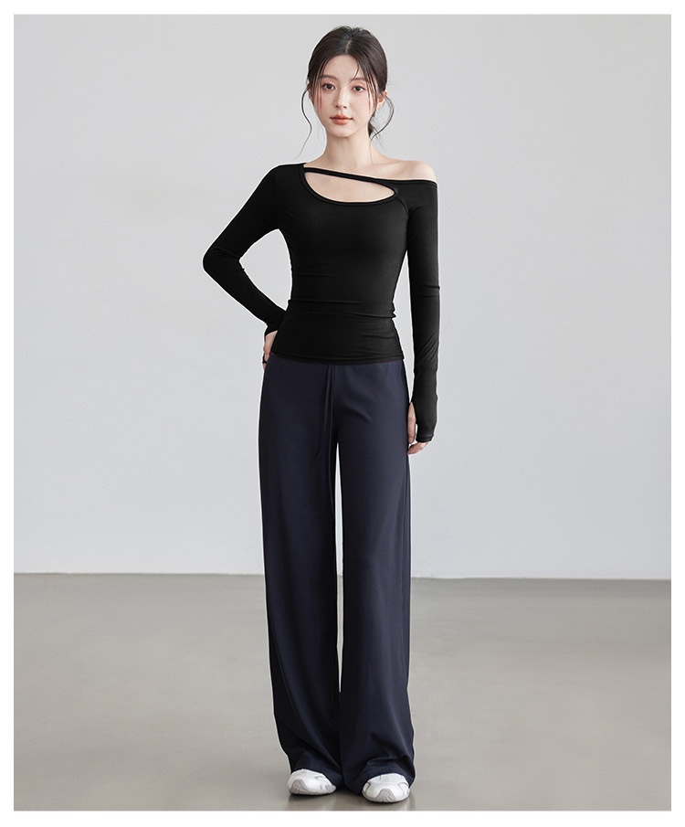 Nuova maglietta a maniche lunghe da yoga per donna, modello autunnale con colletto obliquo, top a spalle scoperte, snellente e monopezzo._voghion.com