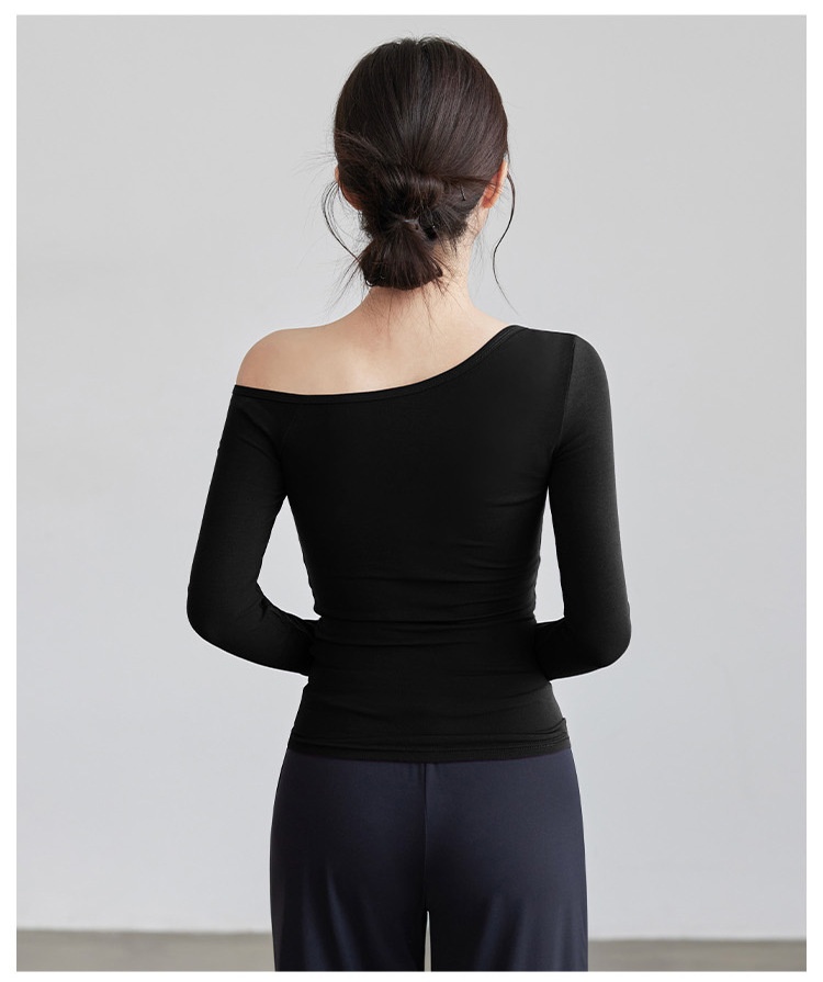 Nuova maglietta a maniche lunghe da yoga per donna, modello autunnale con colletto obliquo, top a spalle scoperte, snellente e monopezzo._voghion.com