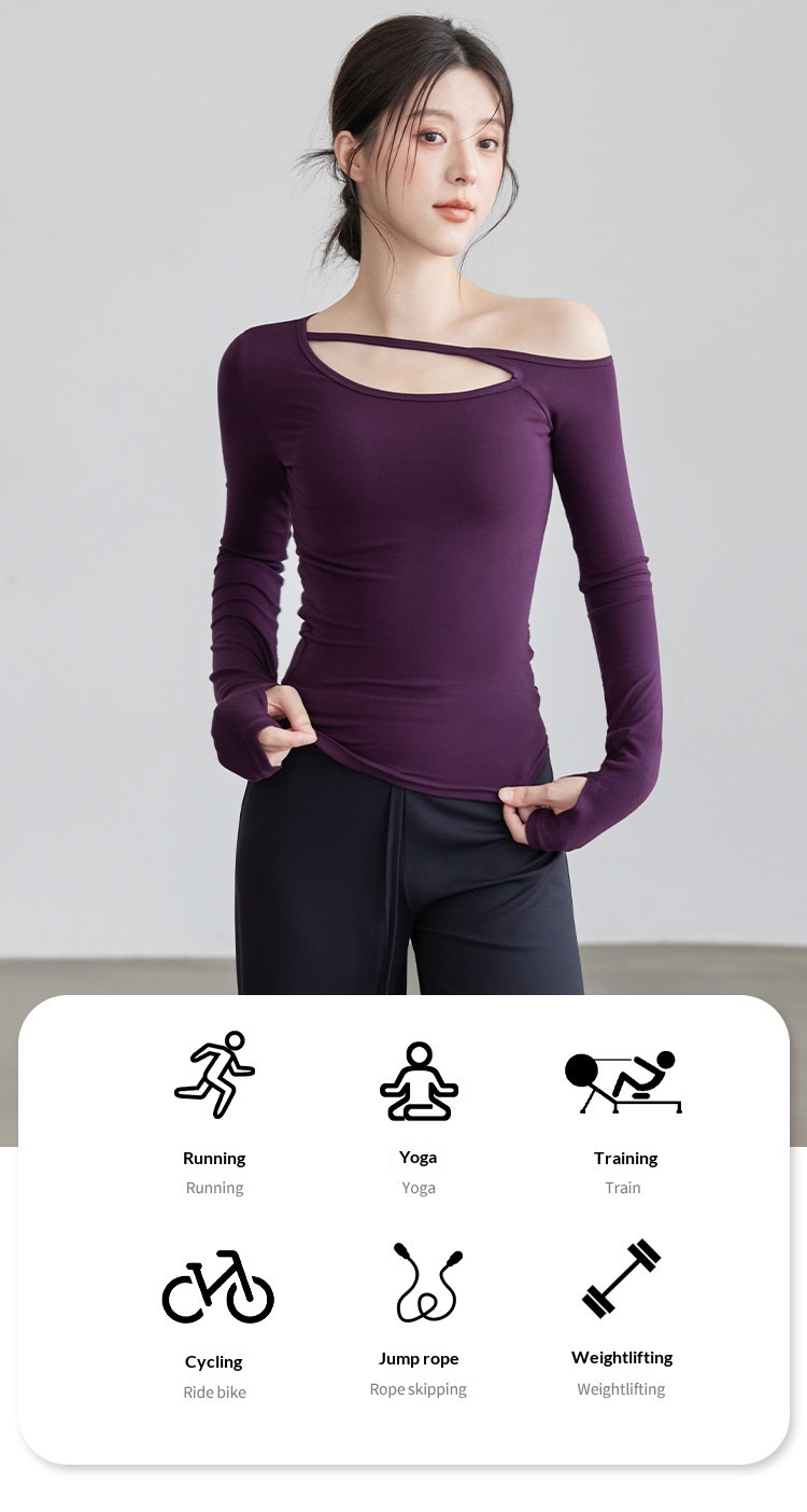 Nuova maglietta a maniche lunghe da yoga per donna, modello autunnale con colletto obliquo, top a spalle scoperte, snellente e monopezzo._voghion.com