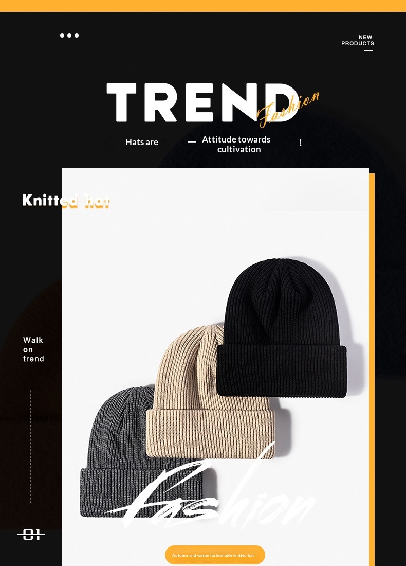 Knitted Beanie Hat Men's Warm Folded Edge Plain Winter Cap Unisex_voghion.com