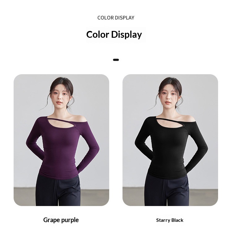 Nuova maglietta a maniche lunghe da yoga per donna, modello autunnale con colletto obliquo, top a spalle scoperte, snellente e monopezzo._voghion.com