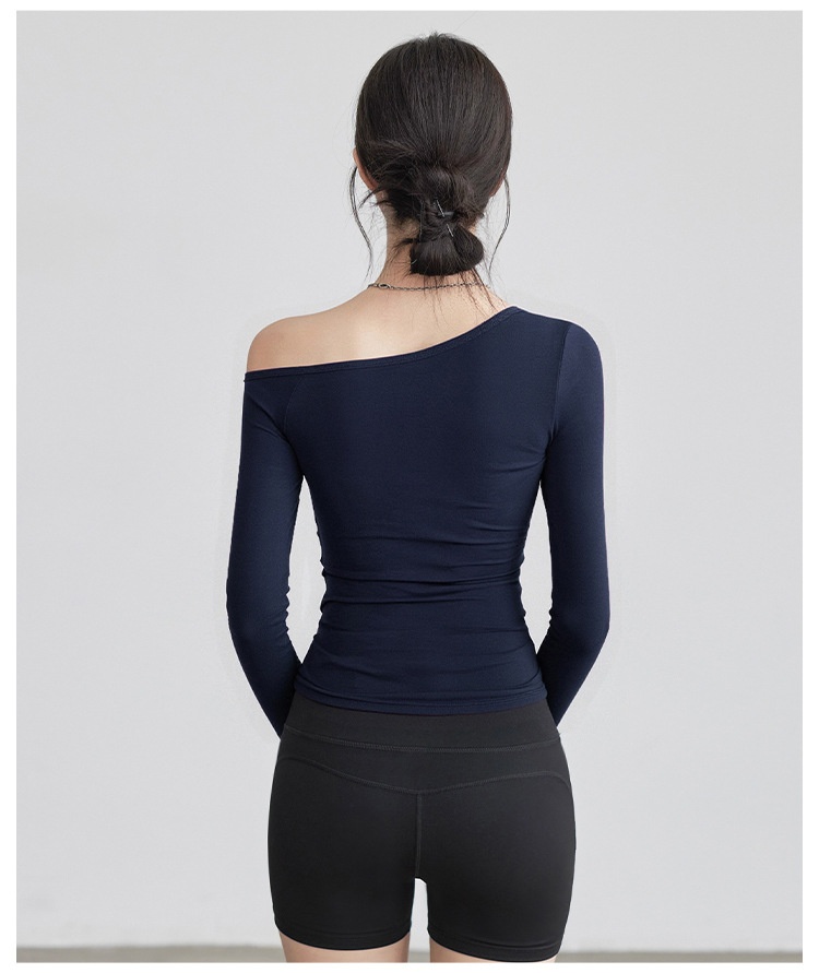 Nieuwe yogakleding voor dames: T-shirt met lange mouwen, schuine kraag, off-shoulder top, afslankende bodysuit, sporttraining_voghion.com