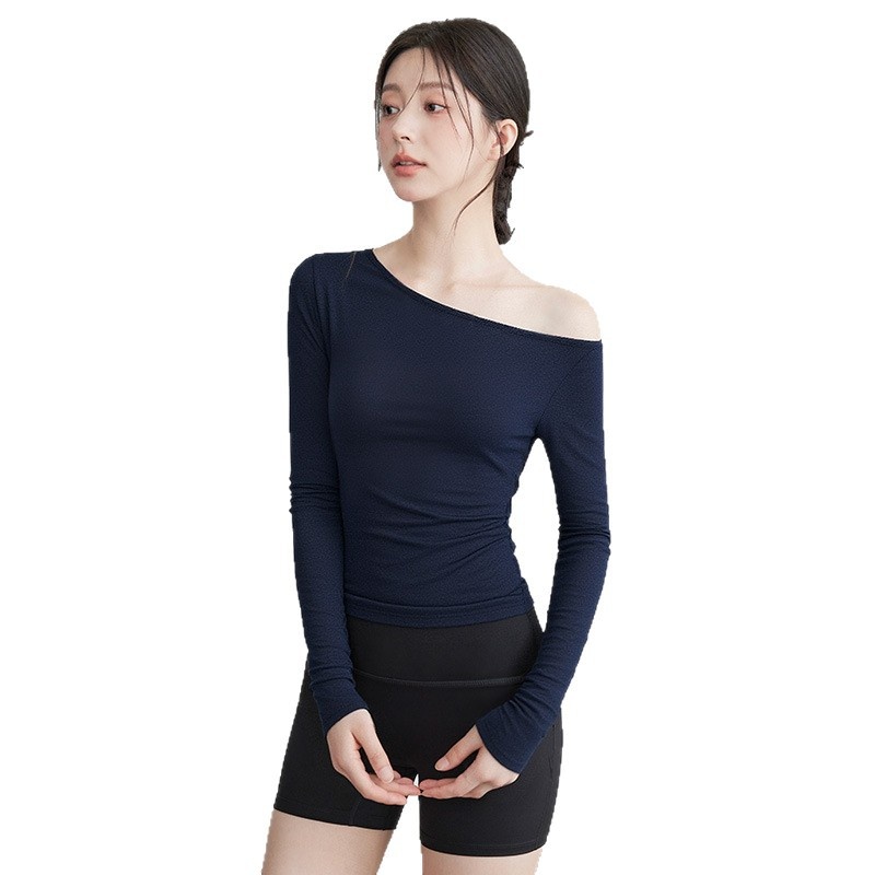 Nieuwe yogakleding voor dames: T-shirt met lange mouwen, schuine kraag, off-shoulder top, afslankende bodysuit, sporttraining_voghion.com