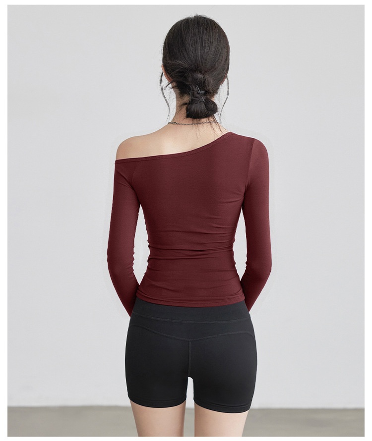 Nieuwe yogakleding voor dames: T-shirt met lange mouwen, schuine kraag, off-shoulder top, afslankende bodysuit, sporttraining_voghion.com