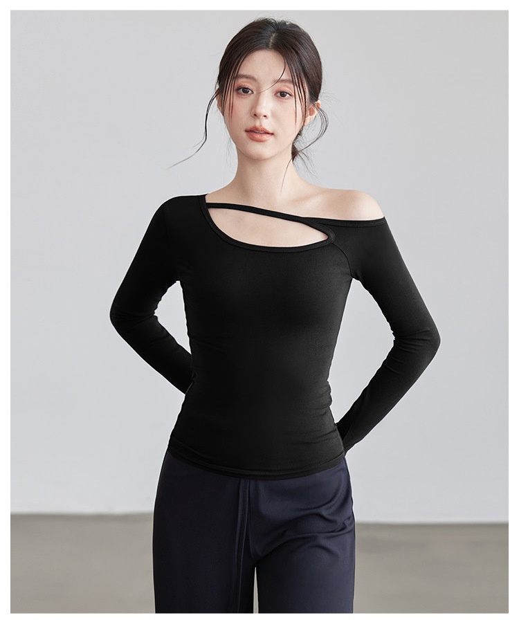 Nuova maglietta a maniche lunghe da yoga per donna, modello autunnale con colletto obliquo, top a spalle scoperte, snellente e monopezzo._voghion.com
