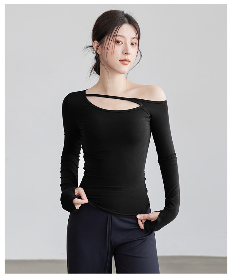 Nuova maglietta a maniche lunghe da yoga per donna, modello autunnale con colletto obliquo, top a spalle scoperte, snellente e monopezzo._voghion.com