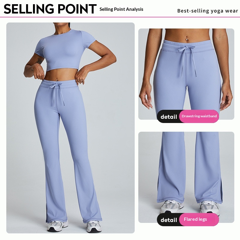European And American Style Threaded Tight-Fitting Short-Sleeve Bare-Feel Yoga For Women Quick-Dry Flared Pants Fitness_voghion.com