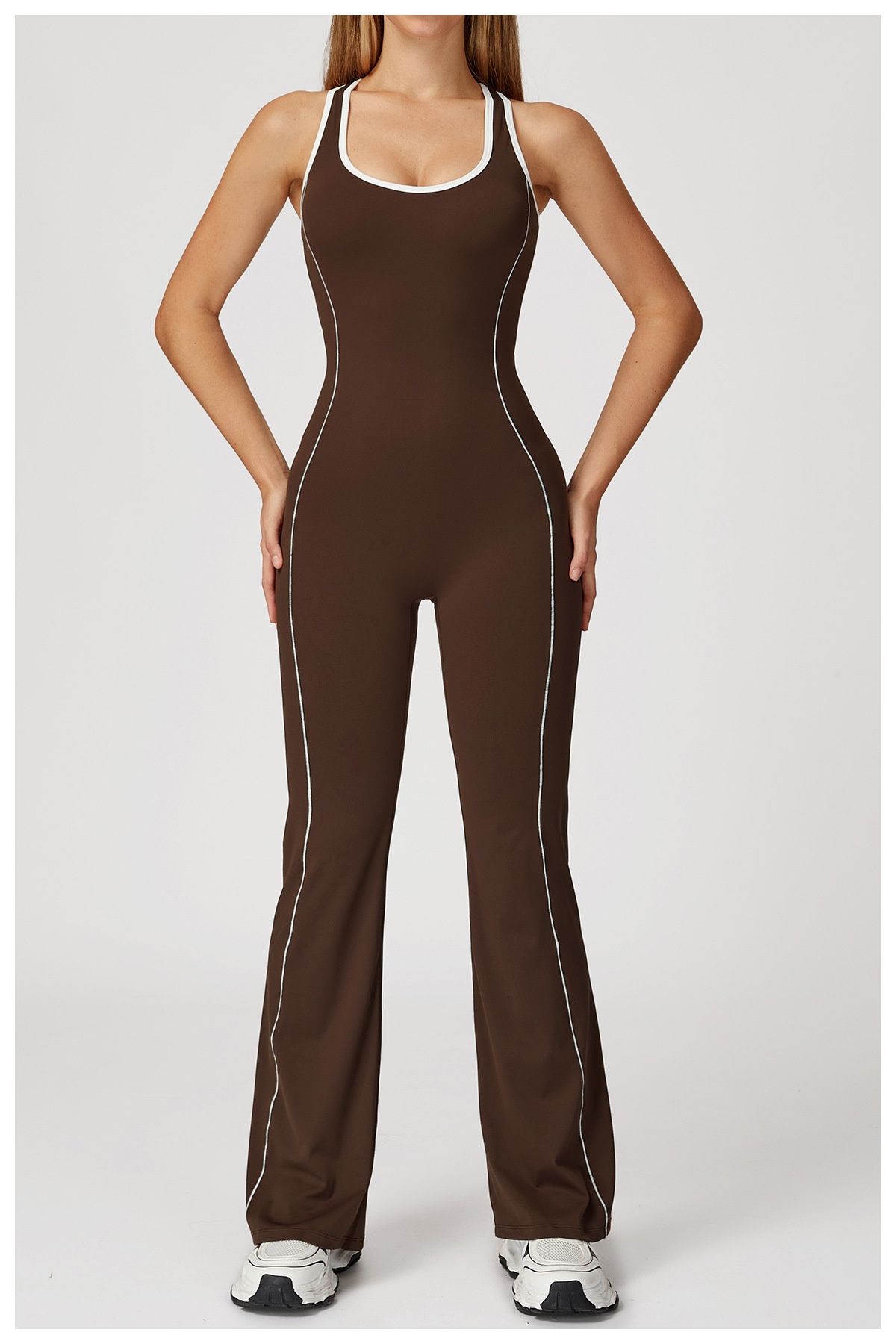 Women’s Yoga Jumpsuit Hollow Back Pleated Flared Sports Romper_voghion.com