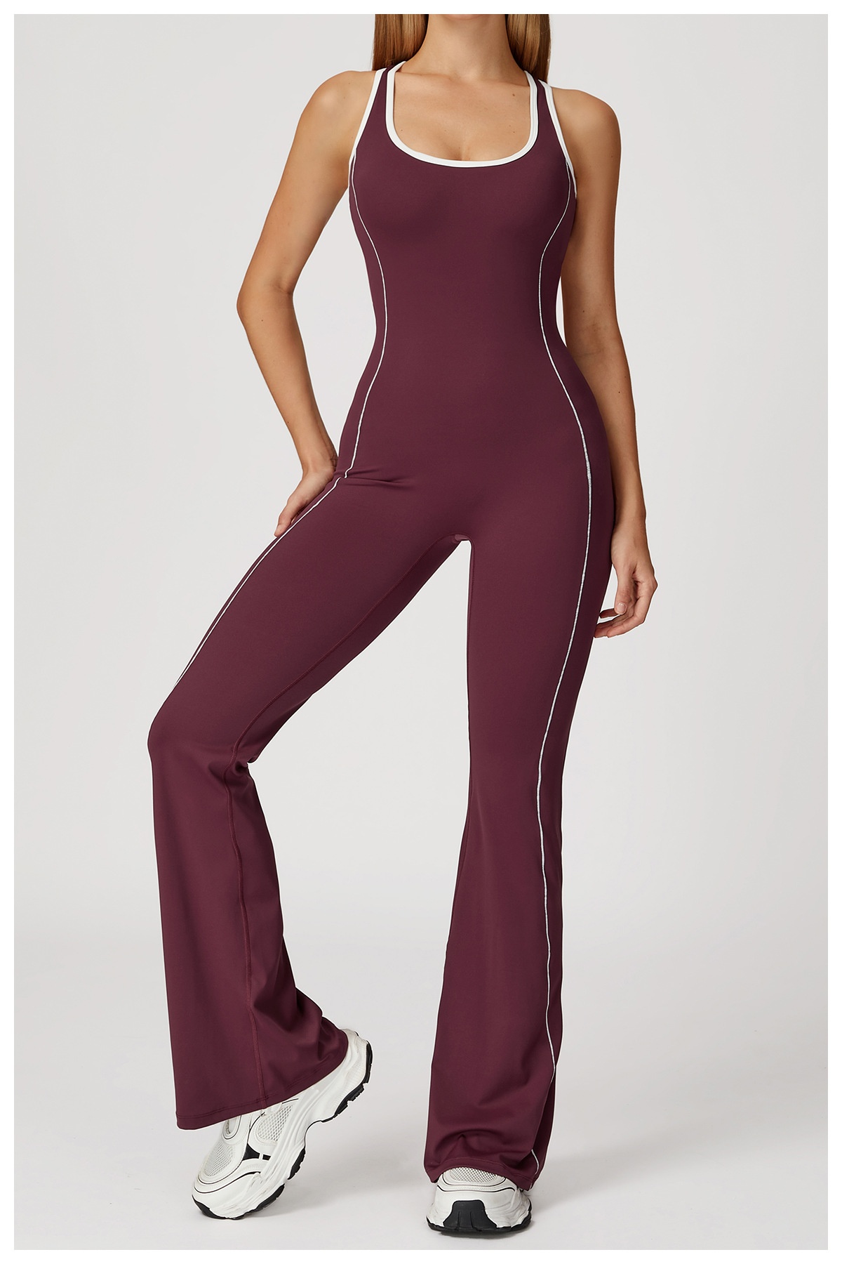 Women’s Yoga Jumpsuit Hollow Back Pleated Flared Sports Romper_voghion.com