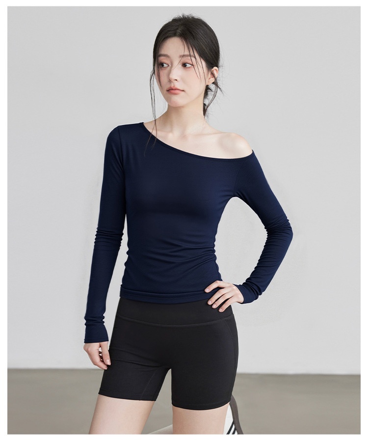Nieuwe yogakleding voor dames: T-shirt met lange mouwen, schuine kraag, off-shoulder top, afslankende bodysuit, sporttraining_voghion.com