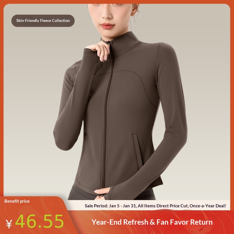 Autumn Winter Fleece-Lined Sports Jacket For Women, Stand Collar, Zipper, Slimming Fitness Top, Thickened Warm Long_voghion.com