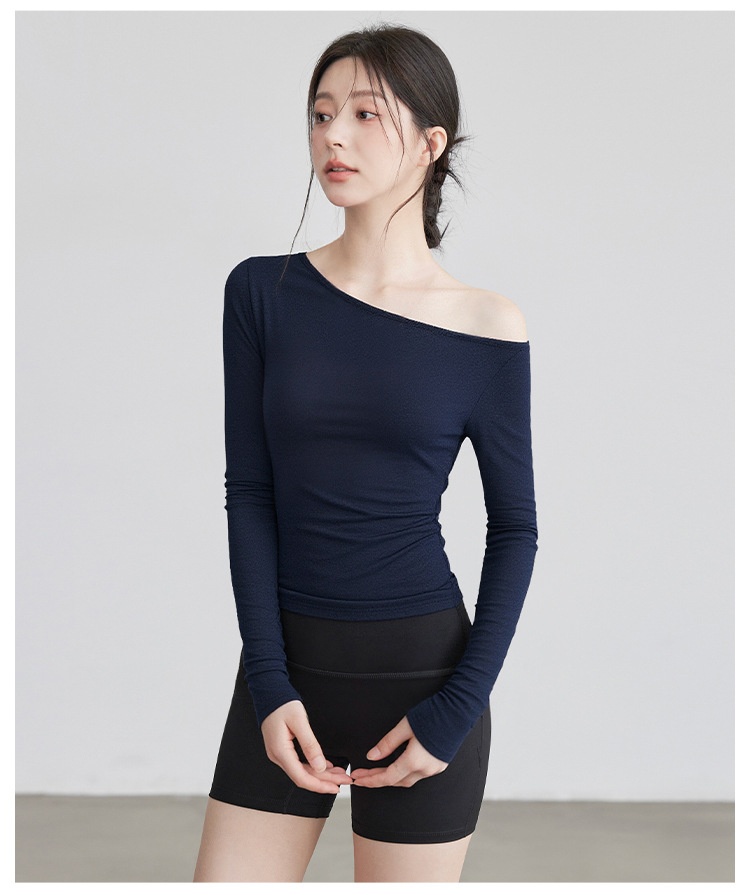 Nieuwe yogakleding voor dames: T-shirt met lange mouwen, schuine kraag, off-shoulder top, afslankende bodysuit, sporttraining_voghion.com