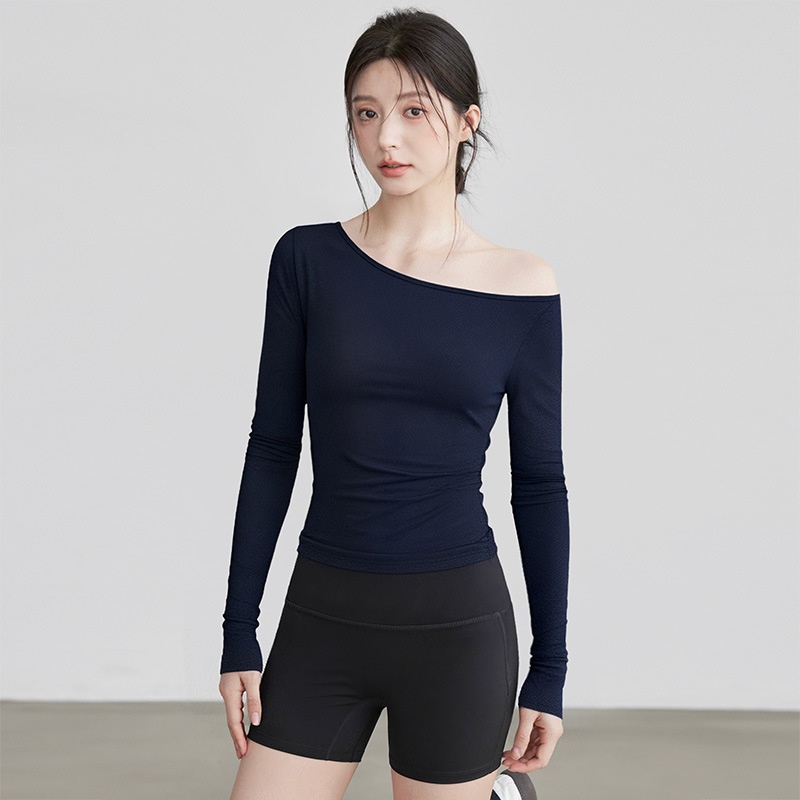 Nieuwe yogakleding voor dames: T-shirt met lange mouwen, schuine kraag, off-shoulder top, afslankende bodysuit, sporttraining_voghion.com