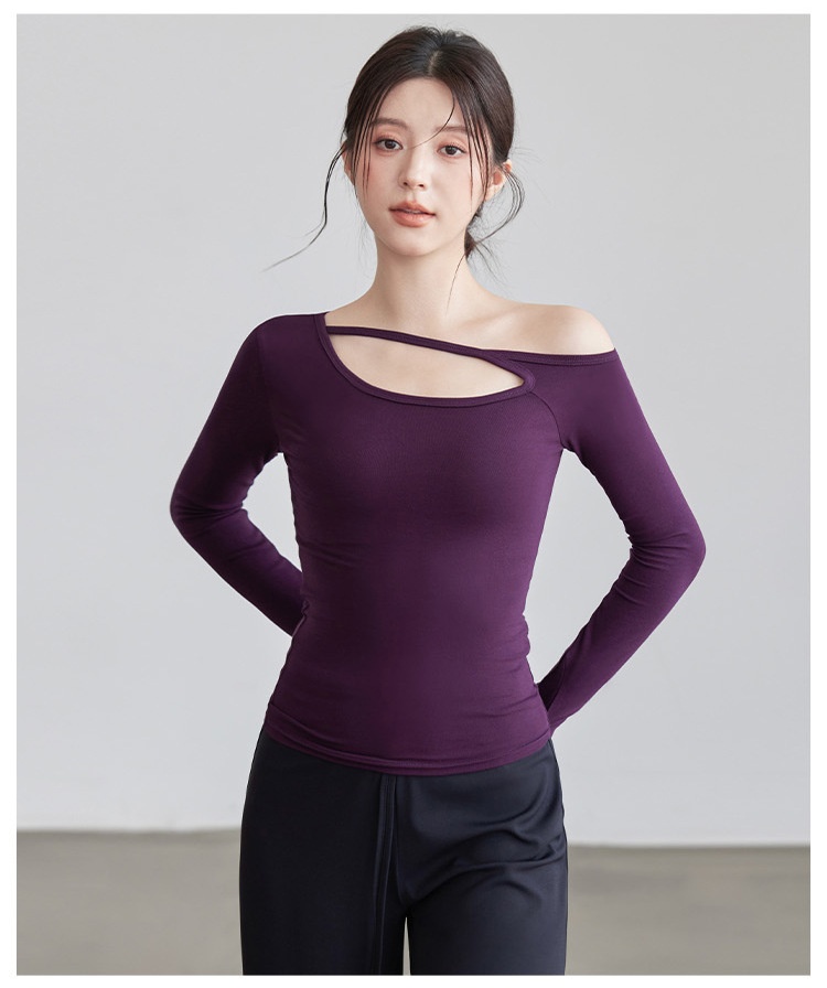 Nuova maglietta a maniche lunghe da yoga per donna, modello autunnale con colletto obliquo, top a spalle scoperte, snellente e monopezzo._voghion.com
