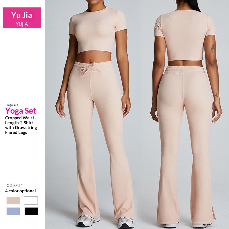 European And American Style Threaded Tight-Fitting Short-Sleeve Bare-Feel Yoga For Women Quick-Dry Flared Pants Fitness_voghion.com