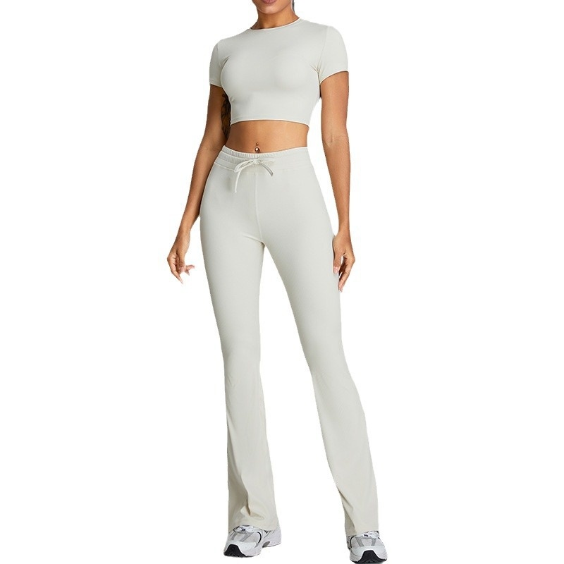 European And American Style Threaded Tight-Fitting Short-Sleeve Bare-Feel Yoga For Women Quick-Dry Flared Pants Fitness_voghion.com