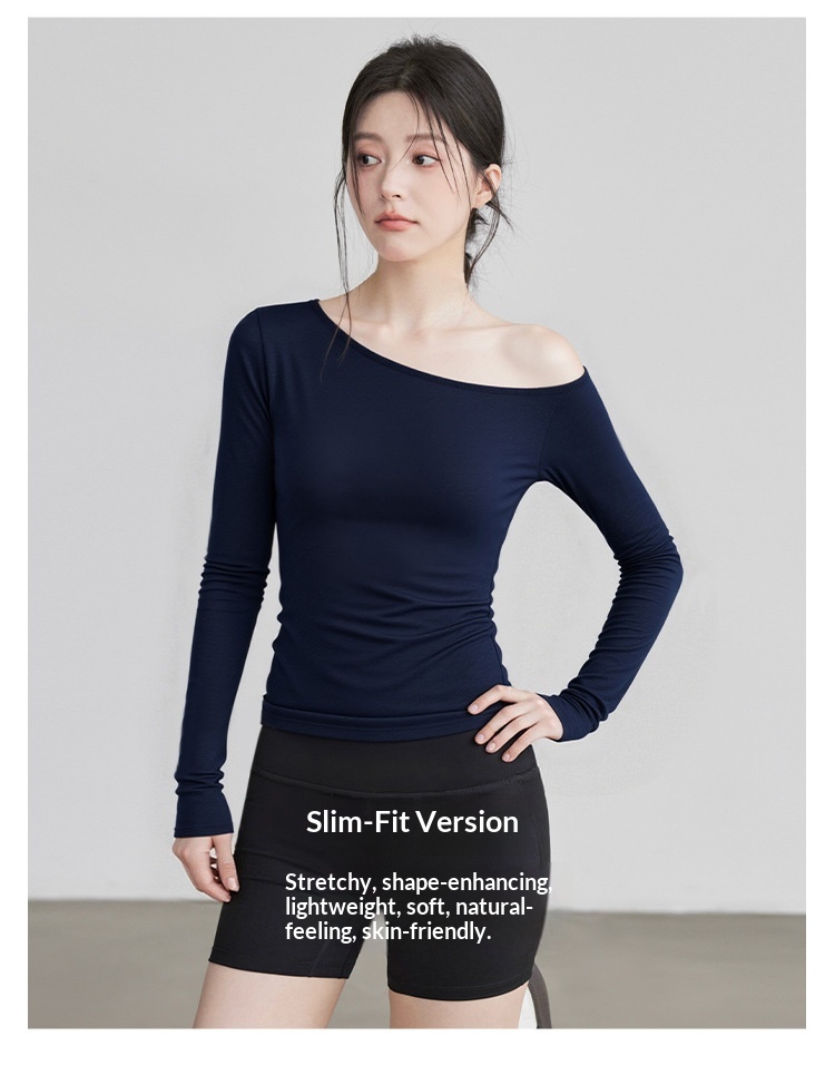 Nieuwe yogakleding voor dames: T-shirt met lange mouwen, schuine kraag, off-shoulder top, afslankende bodysuit, sporttraining_voghion.com