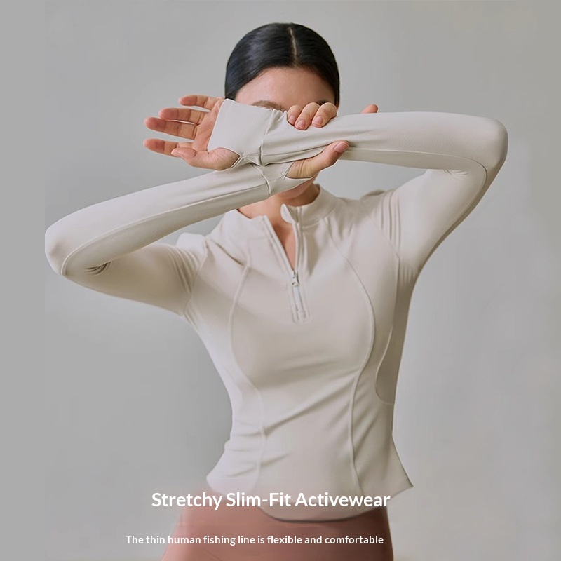 Women's Yoga Top Half-Zip Stretch Slim Fit Waist-Cinchi Lo Sleeve T-Shirt Slimmi Quick-Dry Traini Fitness_voghion.com
