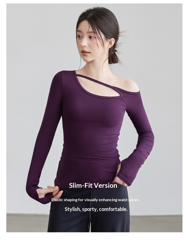 Nuova maglietta a maniche lunghe da yoga per donna, modello autunnale con colletto obliquo, top a spalle scoperte, snellente e monopezzo._voghion.com
