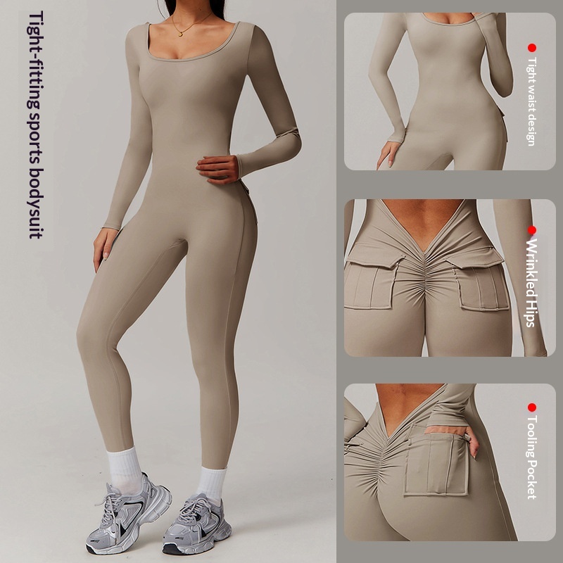 Cross-Border Sports Jumpsuit Pants Tight High Elasticity With Pockets Wrinkled Long Sleeve One-Piece Yoga Fitness Suit_voghion.com
