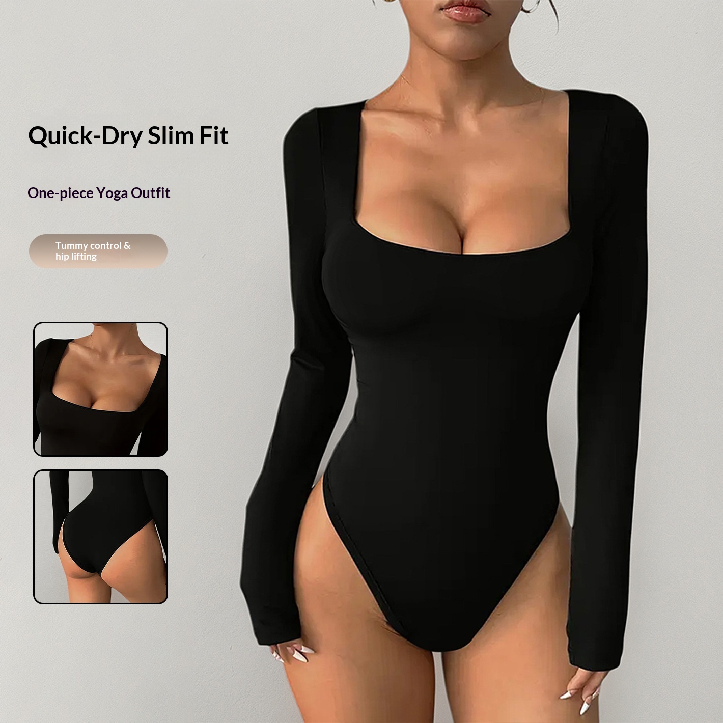 Foreign Trade Yoga Square Neck Long Sleeve Fitness Suit Tight-Fitting One-Piece Women's Jumpsuit_voghion.com