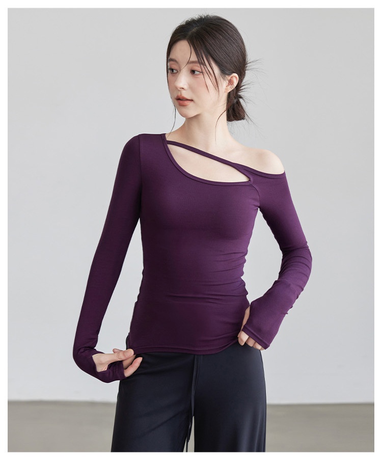 Nuova maglietta a maniche lunghe da yoga per donna, modello autunnale con colletto obliquo, top a spalle scoperte, snellente e monopezzo._voghion.com