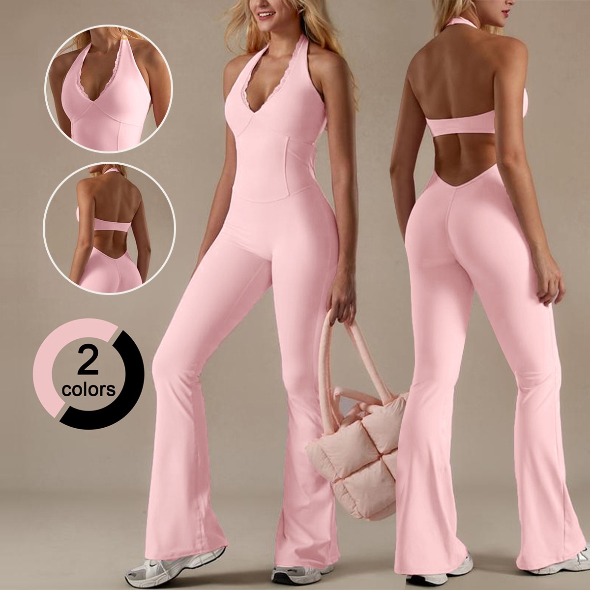 New Cross-Border European And American Lace Trim Halter Yoga Wear Moisture-Wicking Nylon Spor Jumpsuit Flared_voghion.com