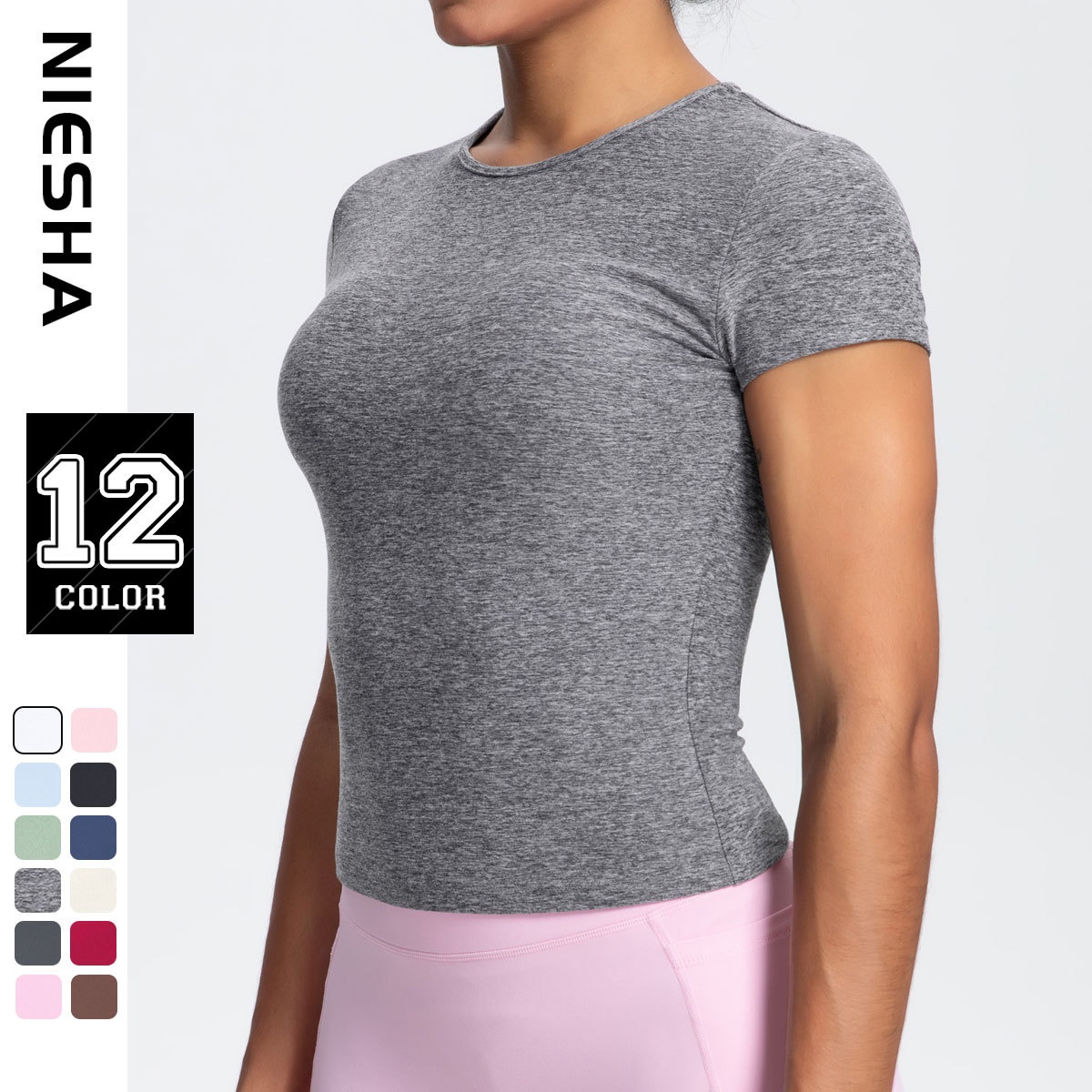 Lässiges, einfarbiges Sport-T-Shirt im europäischen und amerikanischen Stil mit kurzen Ärmeln, taillierter Passform und atmungsaktivem Material – ideal für Yoga._voghion.com