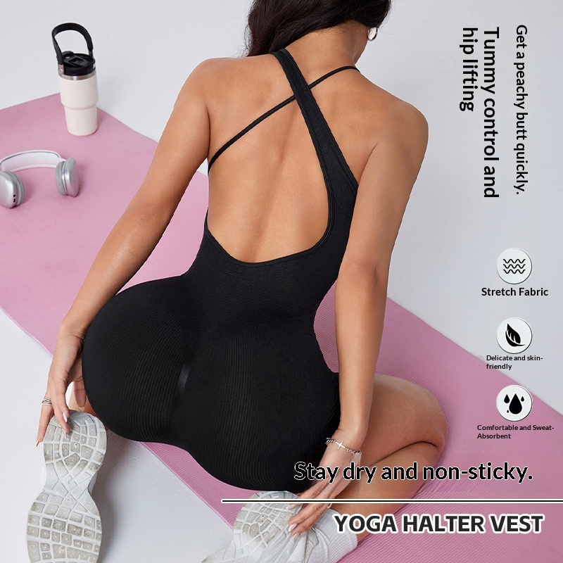 European And American Cross-Border New High Elastic Sleeveless Halter Neck Cross Fitness Sports Sexy Backless One-Piece_voghion.com