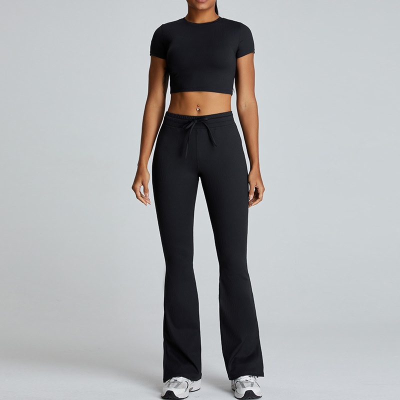 European And American Style Threaded Tight-Fitting Short-Sleeve Bare-Feel Yoga For Women Quick-Dry Flared Pants Fitness_voghion.com