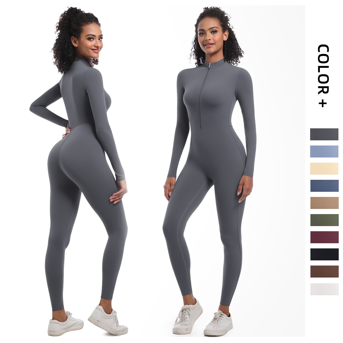 New European And American Style Tight Zipper Sleeve Long Pants Jumpsuit Yoga Hip Lift Sports Running Fitness Wear_voghion.com