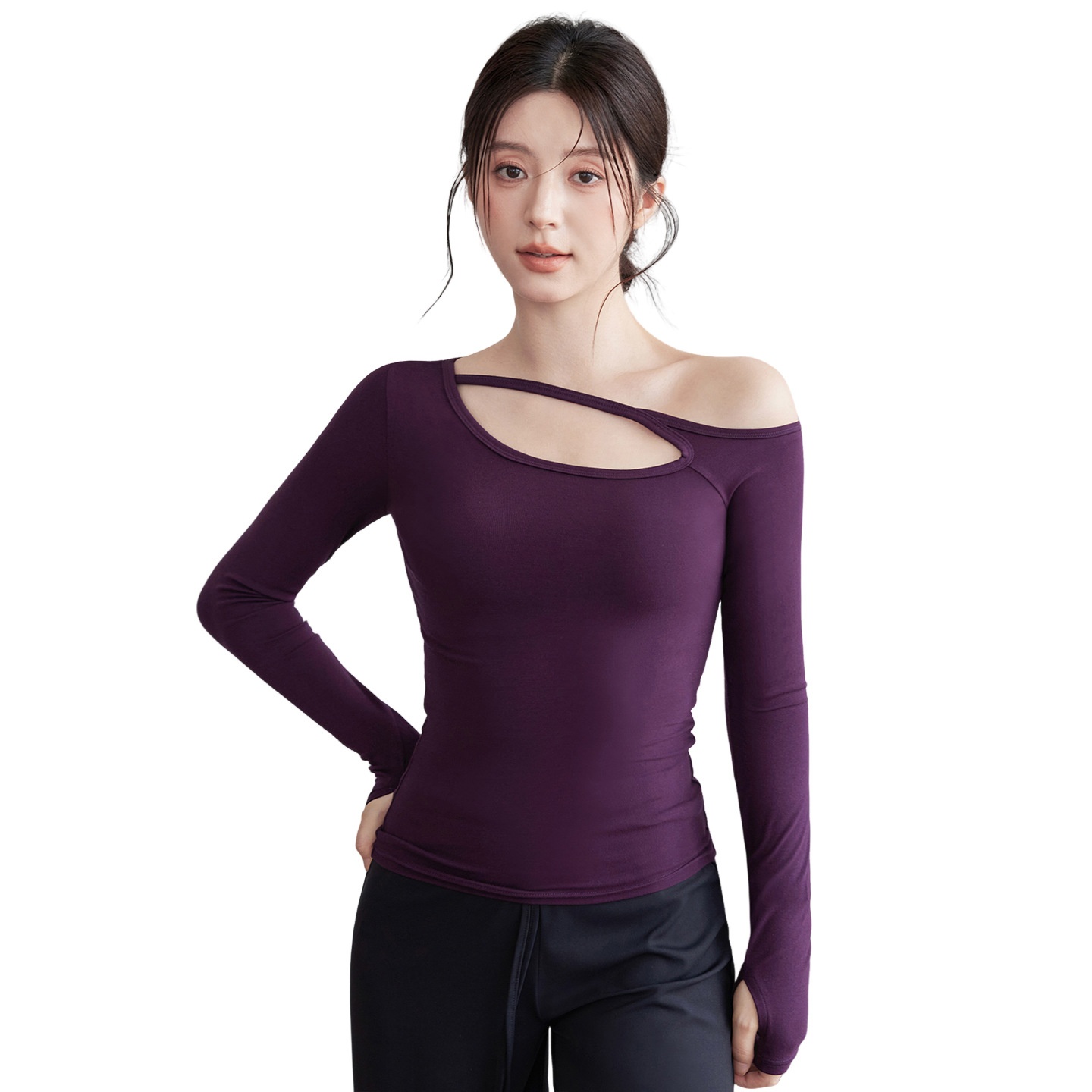 Nuova maglietta a maniche lunghe da yoga per donna, modello autunnale con colletto obliquo, top a spalle scoperte, snellente e monopezzo._voghion.com