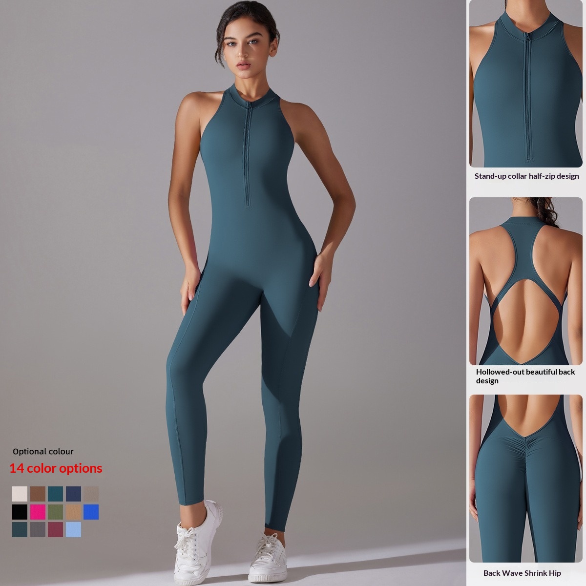 European And American Style Short Sleeve Sleeveless Jumpsuit Long Pants Set Indoor Dance Nylon Yoga Outfit Peach Hip_voghion.com