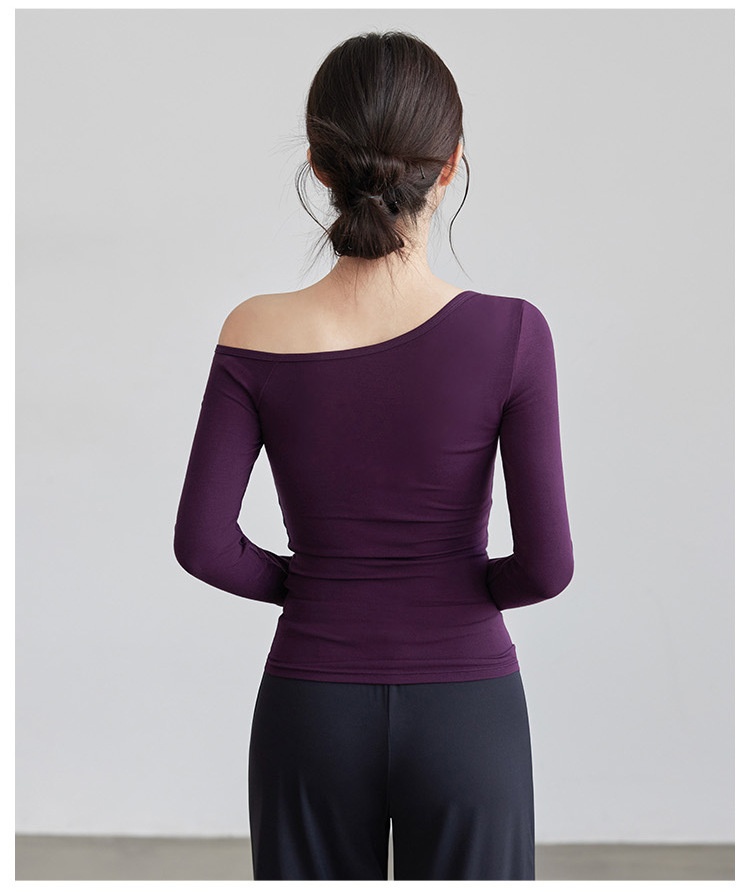 Nuova maglietta a maniche lunghe da yoga per donna, modello autunnale con colletto obliquo, top a spalle scoperte, snellente e monopezzo._voghion.com