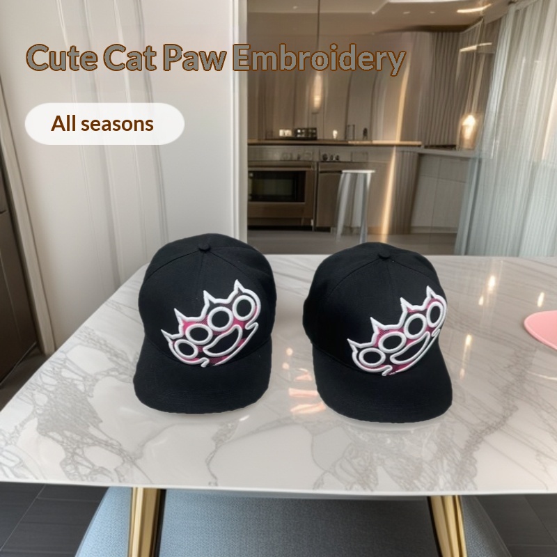 Cappellino da baseball con visiera a tesa larga, stile coreano, con ricamo a zampa di gatto, ideale per snellire il viso e proteggere dal sole all'aperto. Versatile._voghion.com
