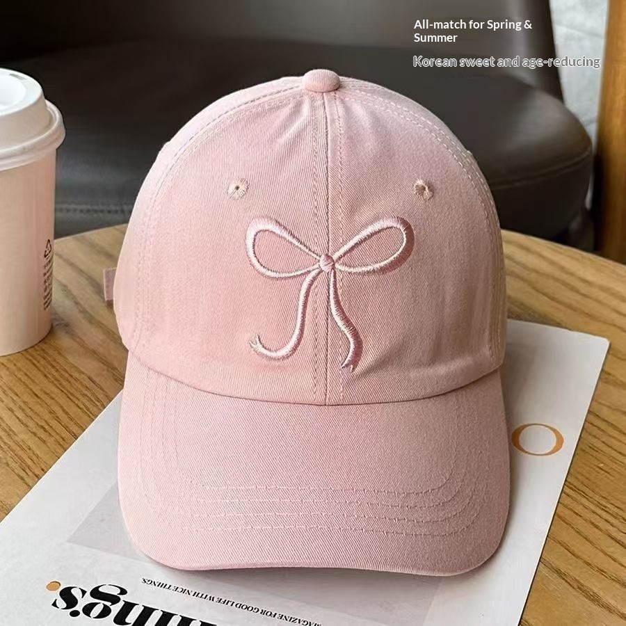 Baseballkappe mit bestickter Schleife für Mädchen, koreanisch, süß, niedlich, rosa, gesichtsschlankmachend, vielseitig, Entenschnabelkappe_voghion.com