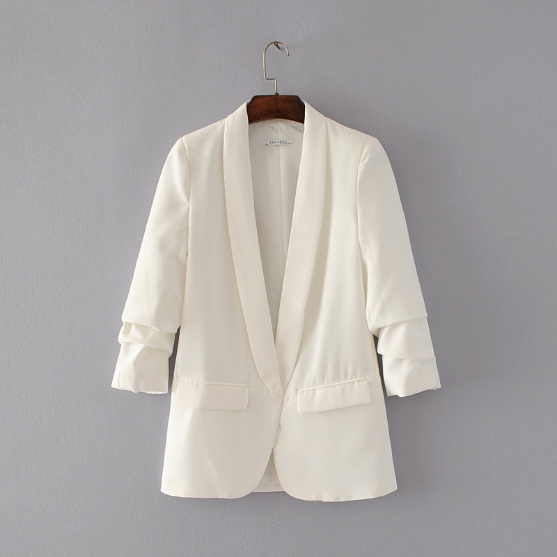 Women's Pleated Blazer Three-quarter Sleeve Solid Colour Jacket_voghion.com